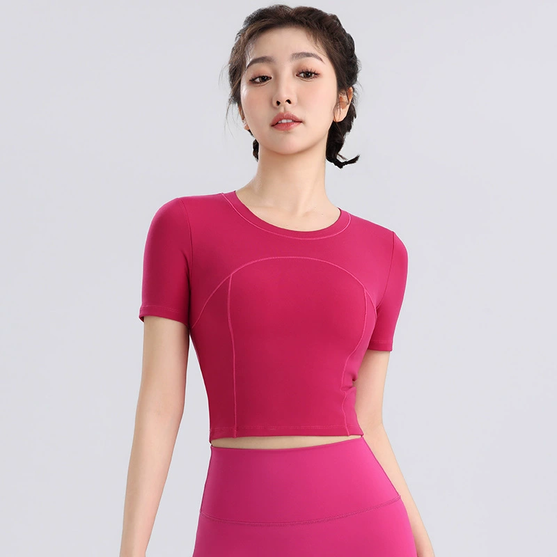 Женская Спортивная футболка с короткими рукавами и нагрудной накладкой, летняя одежда для йоги, облегающая, ударопрочная интегрированная чашка, Фитнес-топ