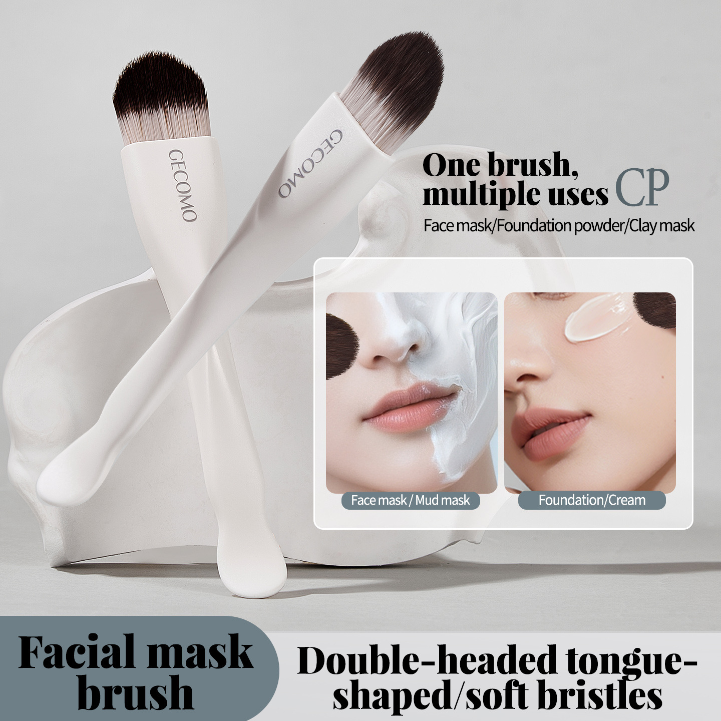 GECOMO cepillo de doble cabeza en forma de lengua de doble propósito cepillo de base de polvo no comer cepillo de pelo suave herramientas especiales de maquillaje al por mayor