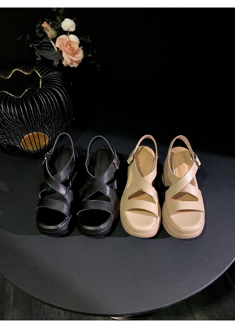 Sandal cao gót nữ hở mũi đế platform tăng chiều cao, da thật, phong cách La Mã — màu đen, màu mơ chi tiết 15