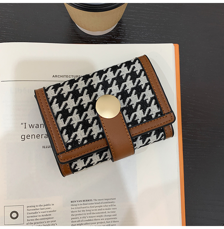 Streetwear Style Square Shape Women's Houndstooth Pu Leather Canvas Buckle Wallets