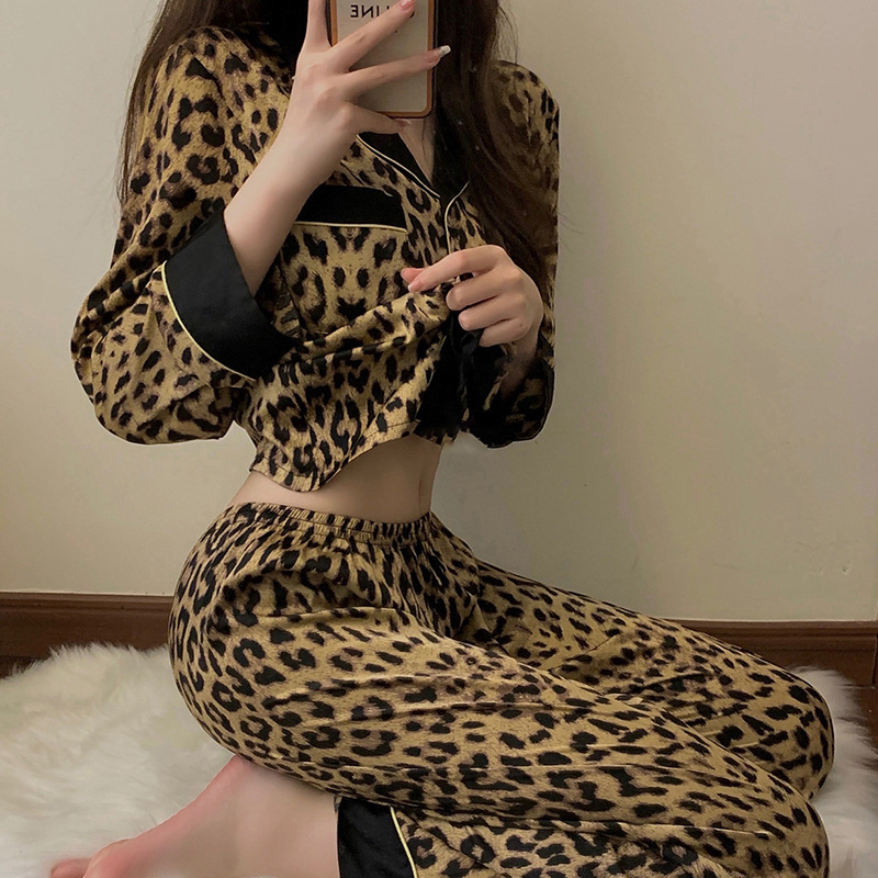 Cross-Border Wholesale Spring and Autum Pajamas for Women Milk Silk Zebra Stripesd Shirt Long-Sleeved Leopard Print Home Clothes Dropshipping