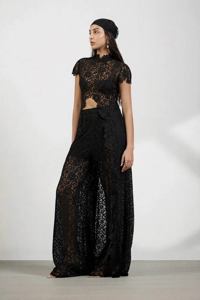 Independent Website European American Women's Clothing Lace Solid Color Dress With Hollow Out Round Neck,_ecoleips.com