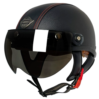 certification retro helmet men's and, Motosiklet kaskı (dəbilqə) - black-and-red-line-leather-helmet-w-tea-mirror-m