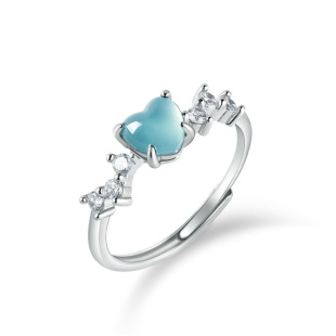 S925 silver inlaid natural A goods jade blue water love ring ice jade fashion ring women's adjustable