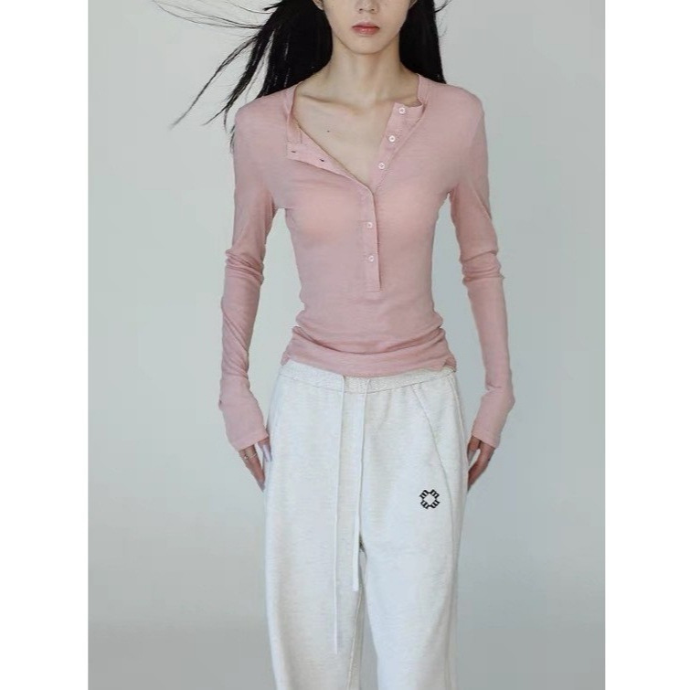 Shuomi Mulberry Silk Henley Collar Long Sleeve Light Pink Slim Fit T-Shirt for Women, Stretch Knit Base Shirt, American Style Top Shuomi Mulberry Silk Henley Collar Long Sleeve Light Pink Slim Fit T-Shirt for Women, Stretch Knit Base Shirt, American Style Top
