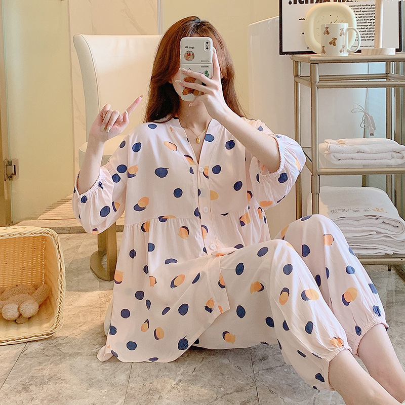 Cotton Silk Pajamas Women's Summer Thin Seven-point Sleeve Air-conditioning Clothing Yuezi Home Clothes Spring and Autumn Summer Cotton Silk Two-piece Set
