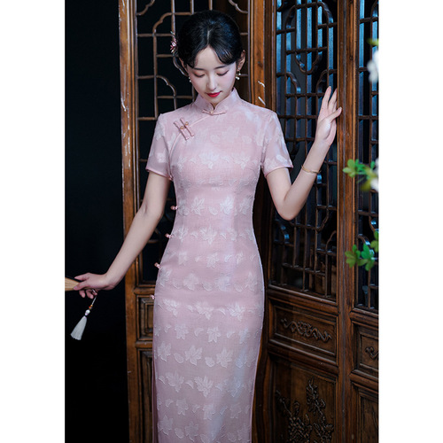 Pink long qipao chinese dress cheongsam young ladies retro temperament of cultivate morality short sleeve modified summer dress