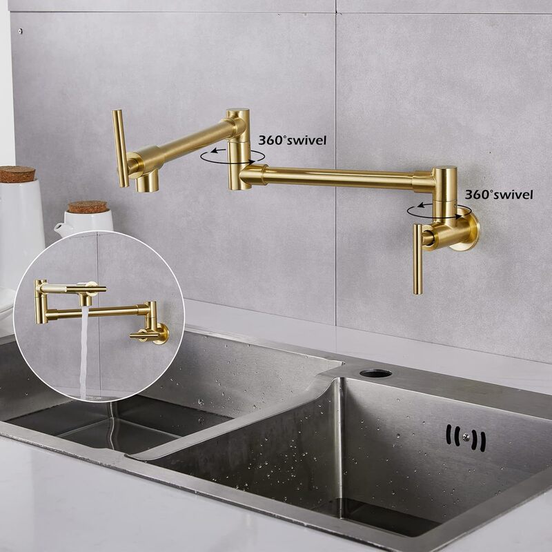 Cross-Border Wall-Mounted Folding Kitchen Faucet, Export-Grade Dual-Joint Swing-Arm Brushed Gold Extendable Faucet