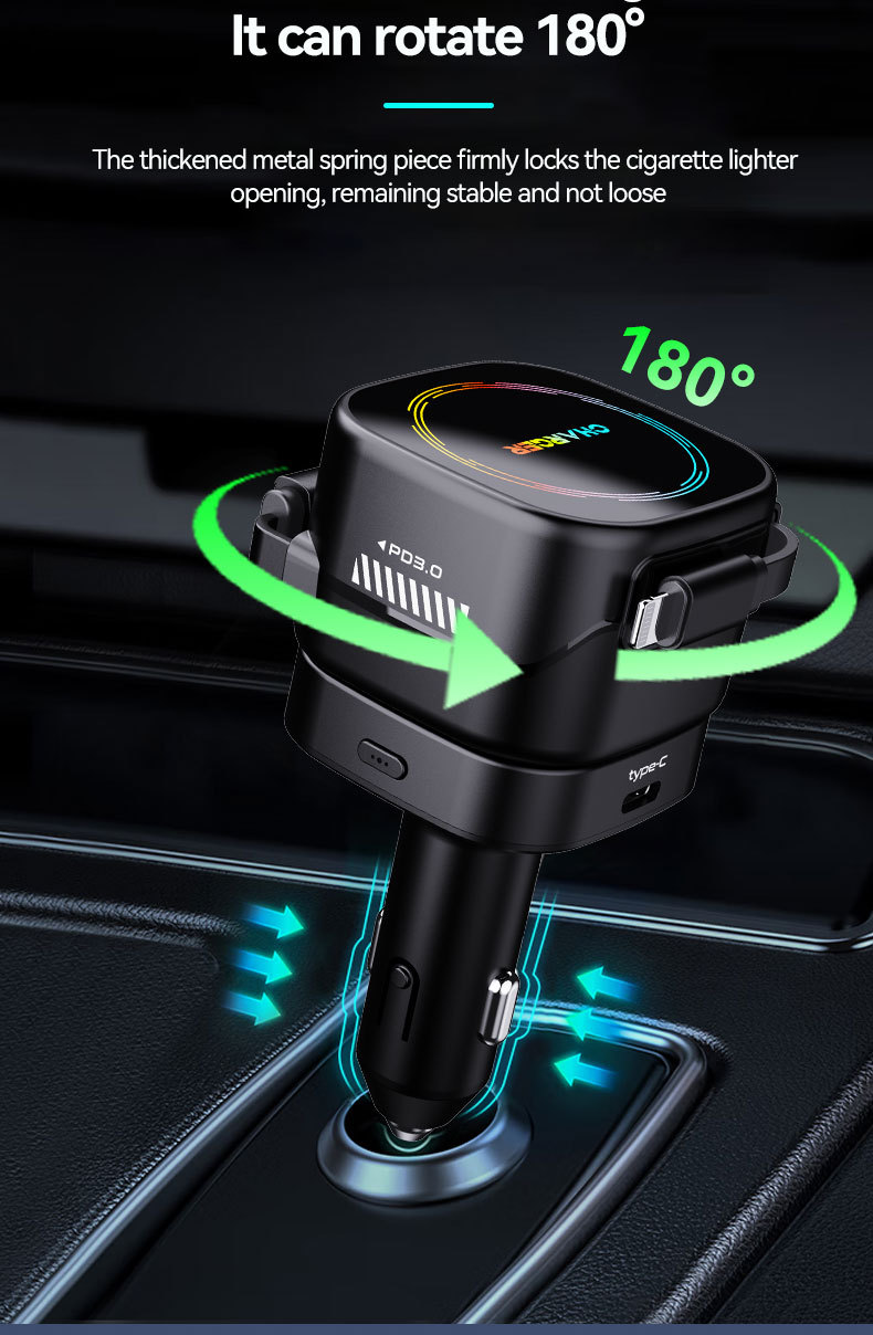 Cross-border new model car charger with ambient lighting, featuring a retractable cable, cigarette lighter socket, and window-breaking hammer – a four-in-one fast-charging car accessory