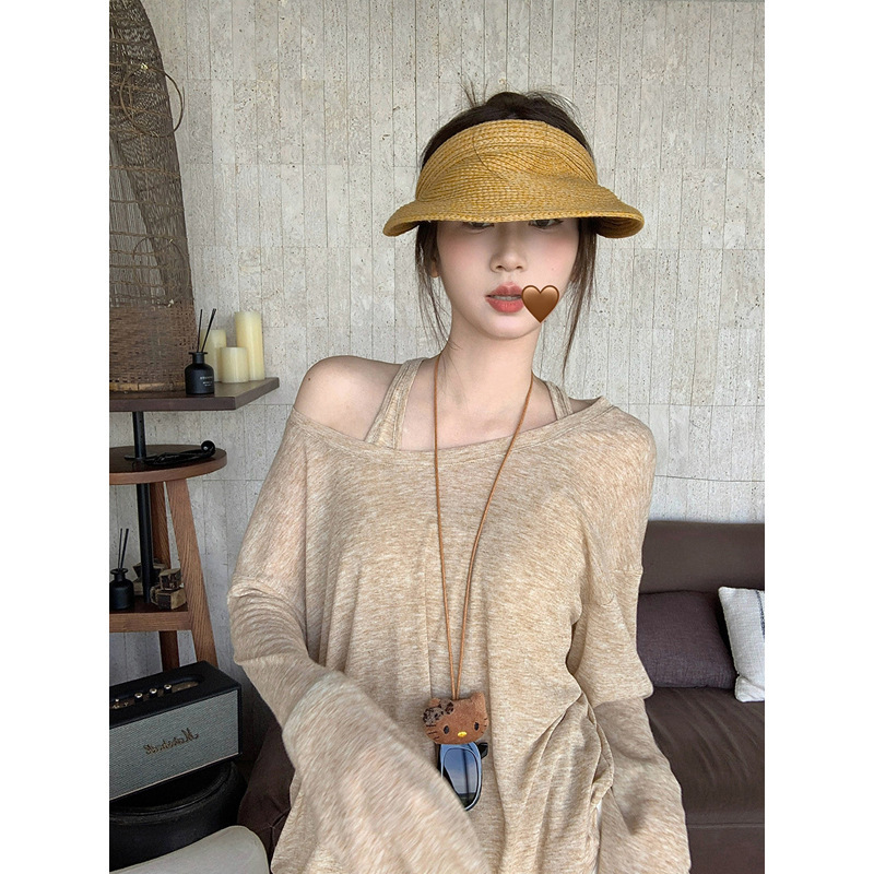 U-Neck Lazy Style Long-Sleeved Mask T-Shirt Women's Summer Thin Casual Loose Versatile Sun Protection Blouse Two-Piece Top