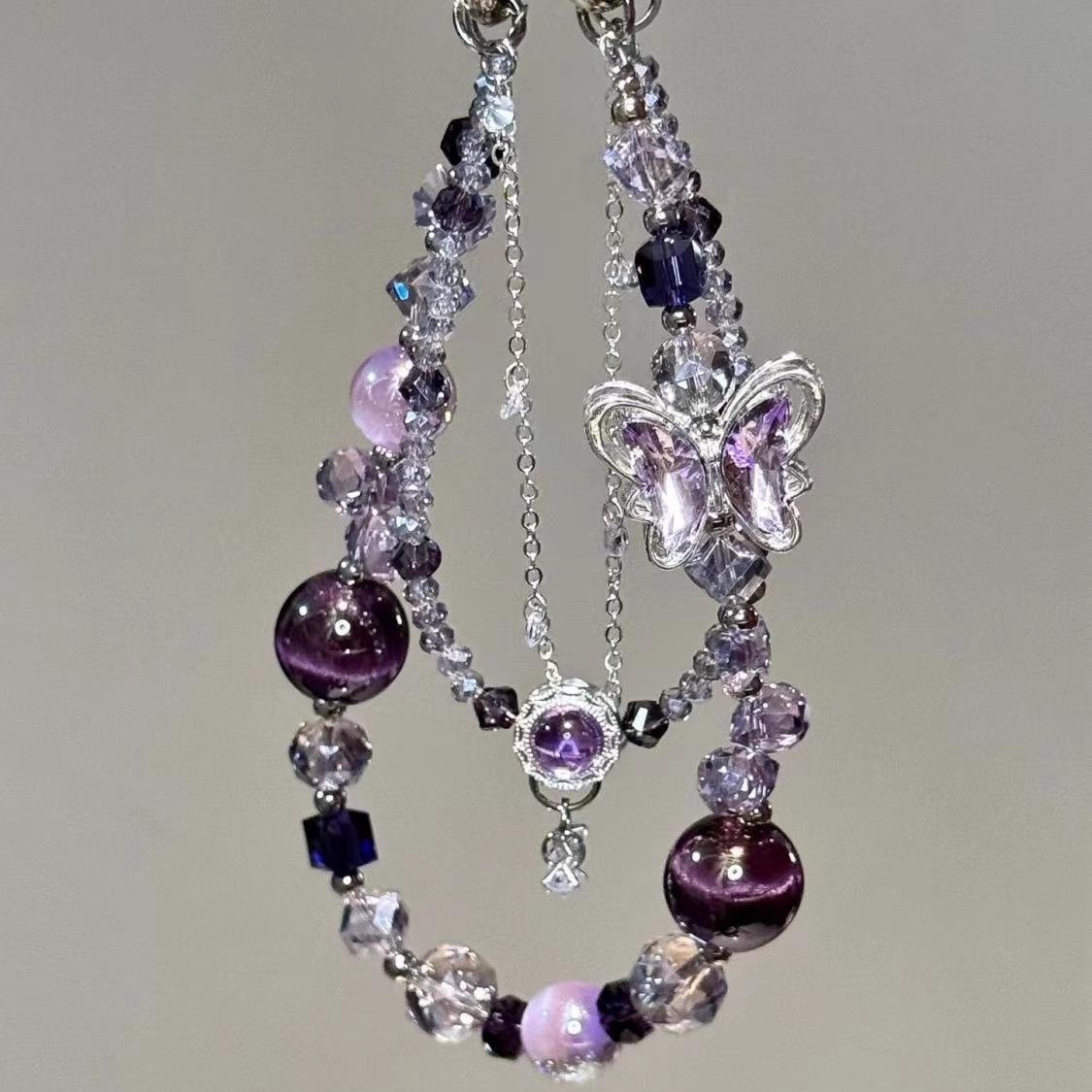 [Purple Butterfly Dream] Light Luxury Purple Butterfly Beaded Mobile Phone Chain, Heavy Industry Elegant, Fashionable and Versatile Bag Pendant