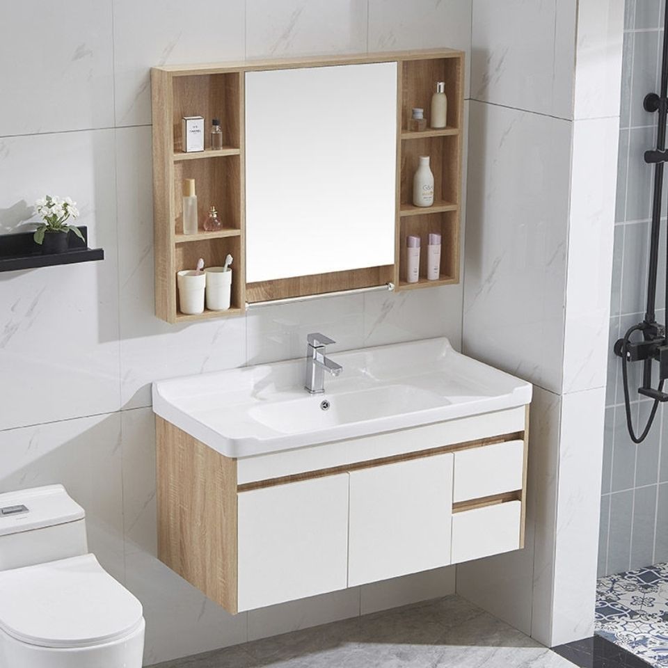 Nordic Solid Wood Modern Minimalist Bathroom Cabinet Combination Wash Basin Wash Basin Bathroom Storage Mirror Cabinet