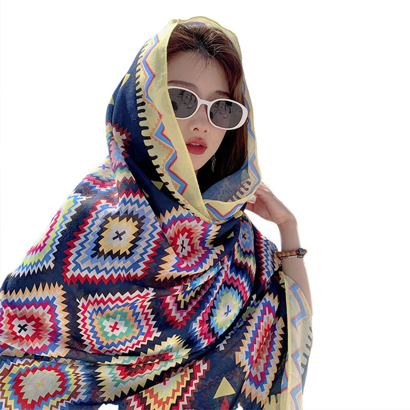 Algodón ligero y lino sensación bufanda estilo étnico bohemio viajes protección solar playa bufanda exterior desgaste decorativo chal