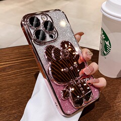 化粧鏡スタンド付き、Apple 17 Pro Max、iPhone 15、レンズフィルム付き、14 グラデーショングリッター、11対応のスマホケース