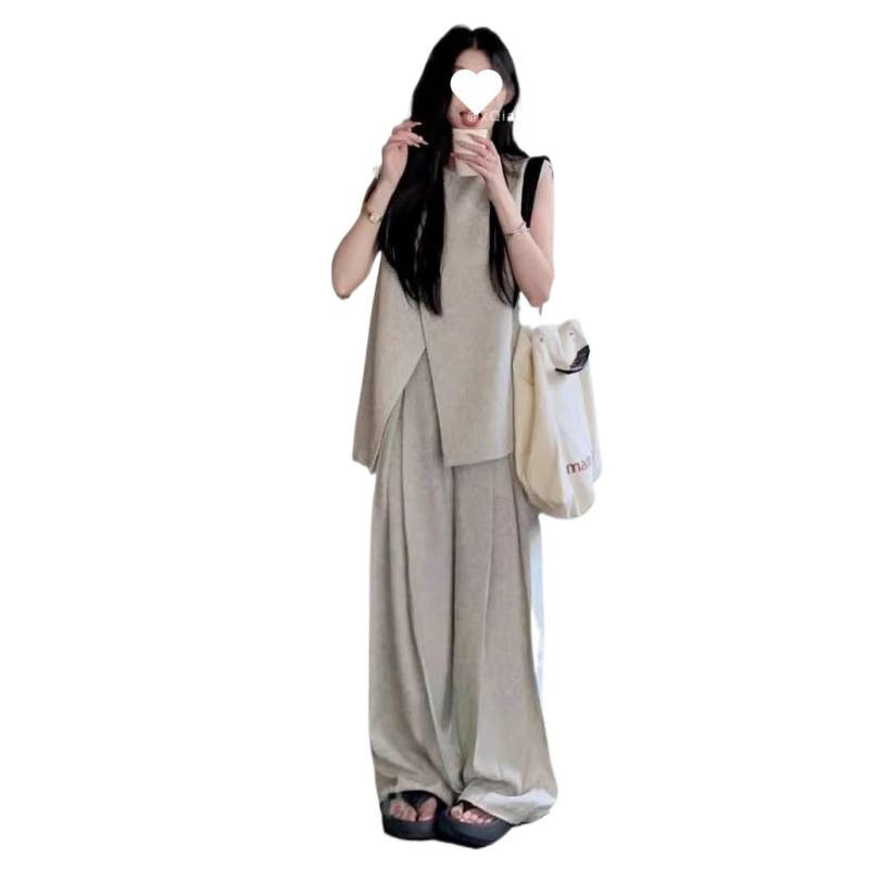 时尚休闲套装女新款秋季慵懒风不规则无袖马甲上衣阔腿裤子两件套|undefined