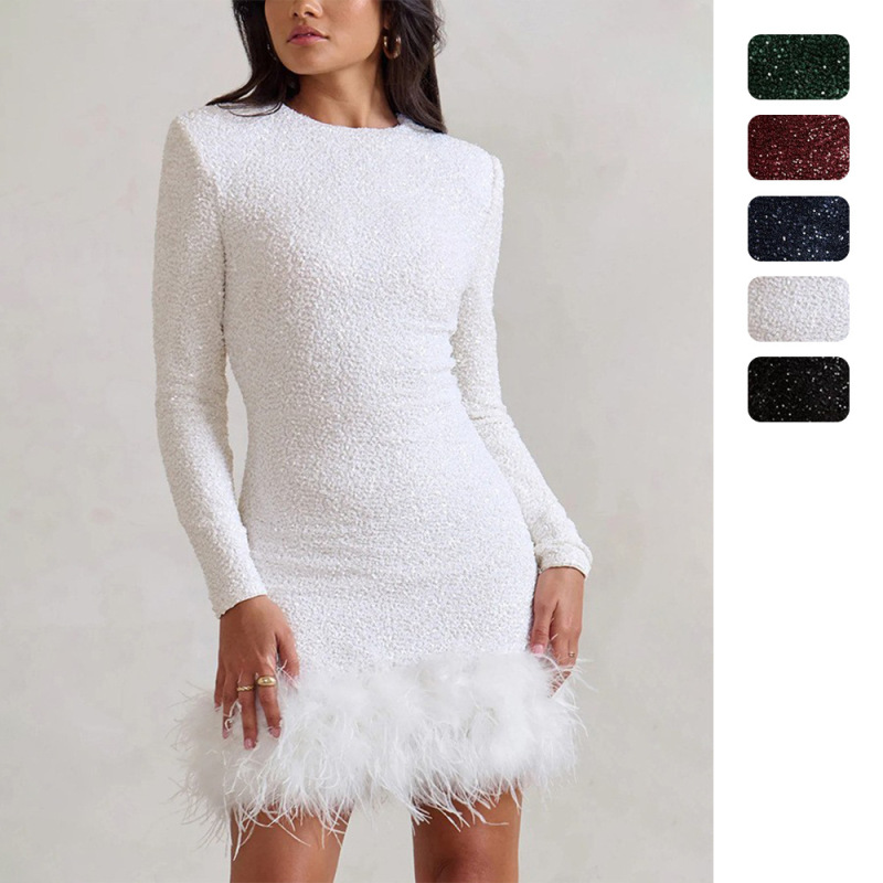 Amazon Independent Station European and American Women's Sexy Dress Long Sleeve Solid Color Sequin Feather dress Crewneck Women 8102 Amazon Independent Station European and American Women's Sexy Dress Long Sleeve Solid Color Sequin Feather dress Crewneck Women 8102