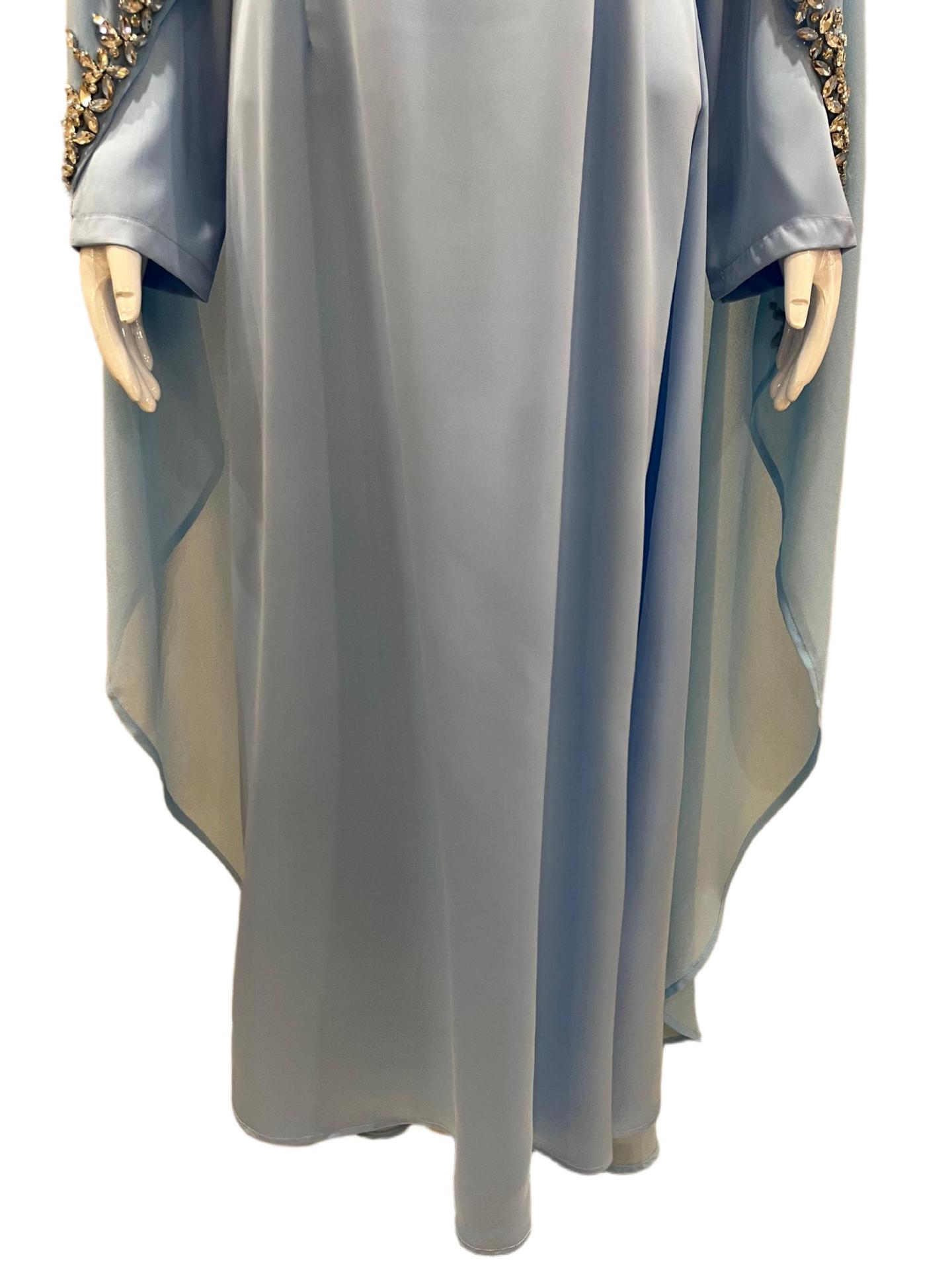In-stock High-end Light Blue Diamond-embellished Cape Middle Eastern Dress Muslim Luxury Banquet Gown Arabian Robe_ecoleips.com