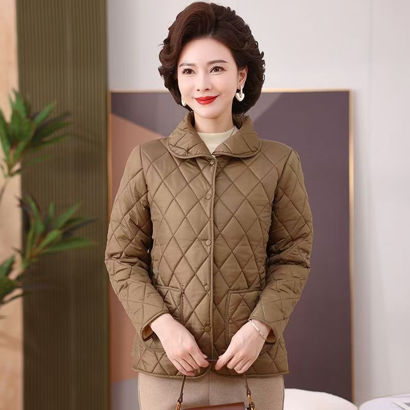 加厚保暖棉衣女娃娃领尼丝纺长袖外套冬季新款菱形格子加绒妈妈棉|undefined