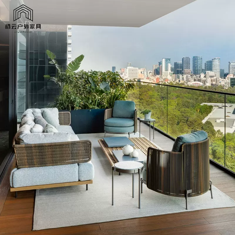 庭院户外藤编沙发定制防水实木沙发组合现代简约阳台柚木沙发家具