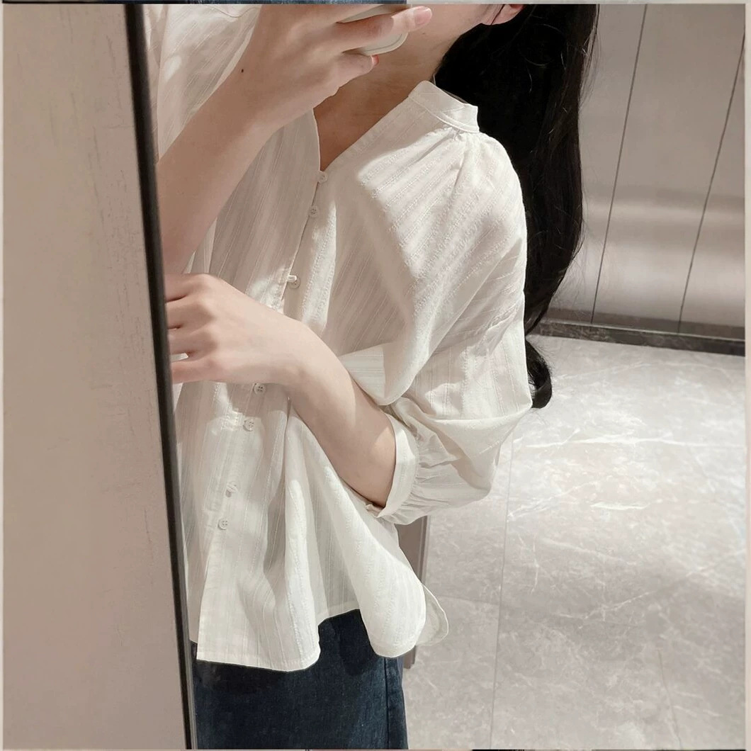 Áo sơ mi nữ tay bồng chất liệu cotton pha lanh kiểu Pháp — màu trắng chi tiết 2