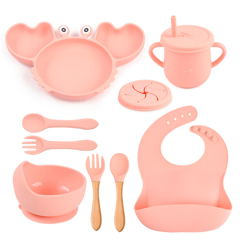 Set de vajilla para bebé de silicona de 9 piezas - Plato con forma de cangrejo, babero, plato dividido, cuchara, tenedor, taza