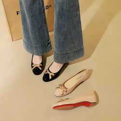 6821-K220 European and American Comfort Slope Heel Women's Shoes Small Round Head Shallow Mouth Lacquered Leather One Step Butterfly Knot Single Shoes for Women