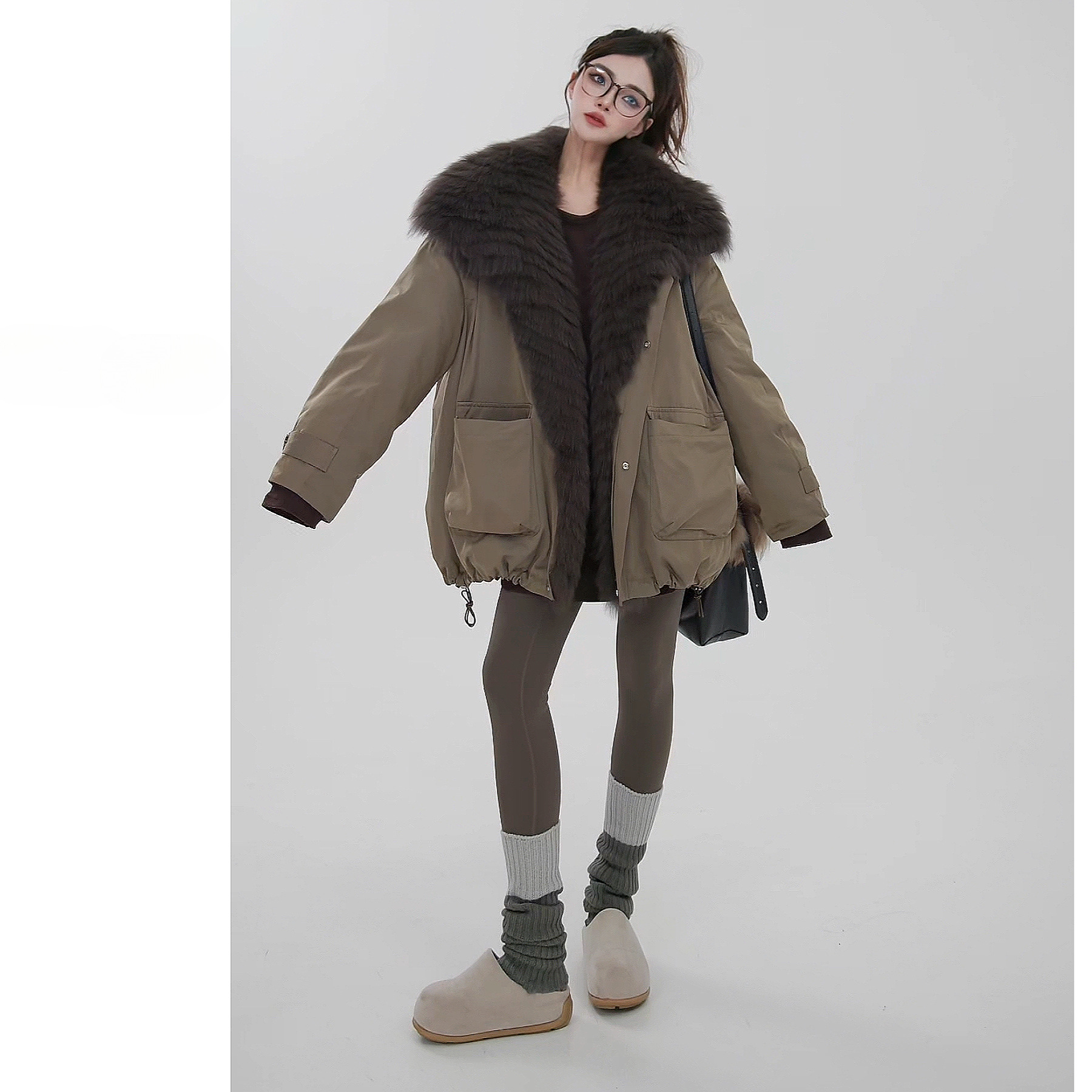 中长款思语】“迟野长袖 CC578 新超大狐狸毛领鹅绒皮草中长外套