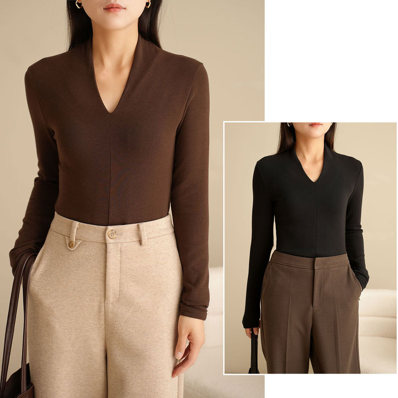 Thermal Storage, Brushed Style, V-Neck Women's Base Layer Shirt, Brushed Warm Long-Sleeve T-Shirt, Thin Fleece Autumn and Winter Women's Clothing