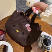 韩系粉棕色可露丽kitty刺绣手拎包复古可爱通勤包百搭便携手挽包