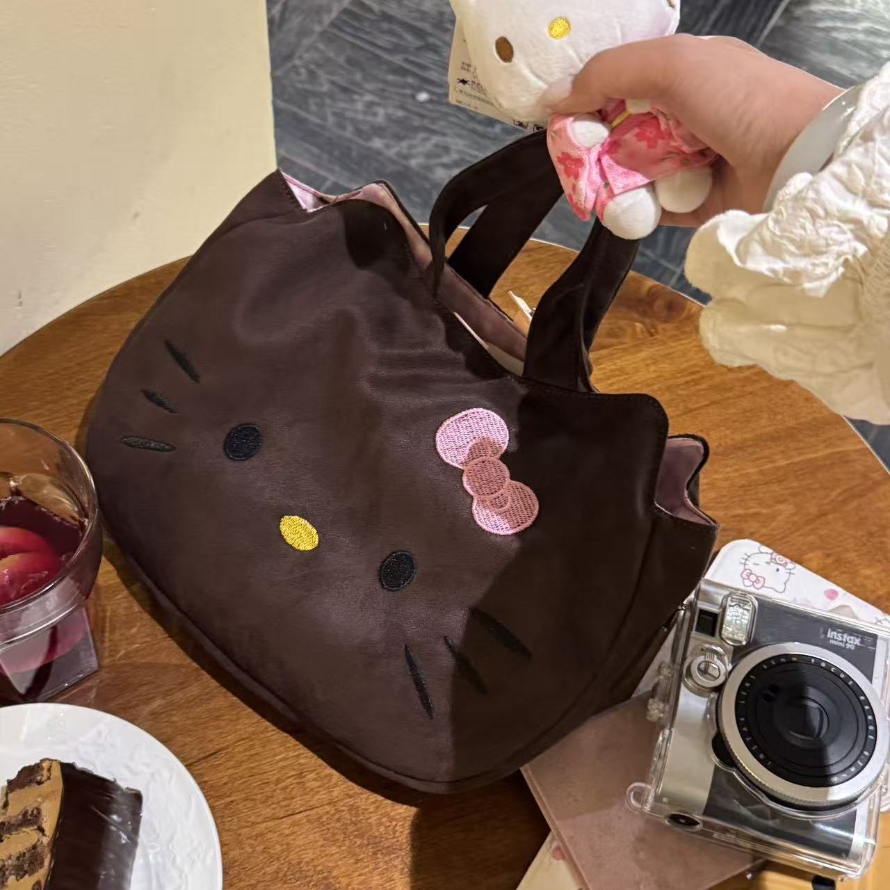 韩系粉棕色可露丽kitty刺绣手拎包复古可爱通勤包百搭便携手挽包