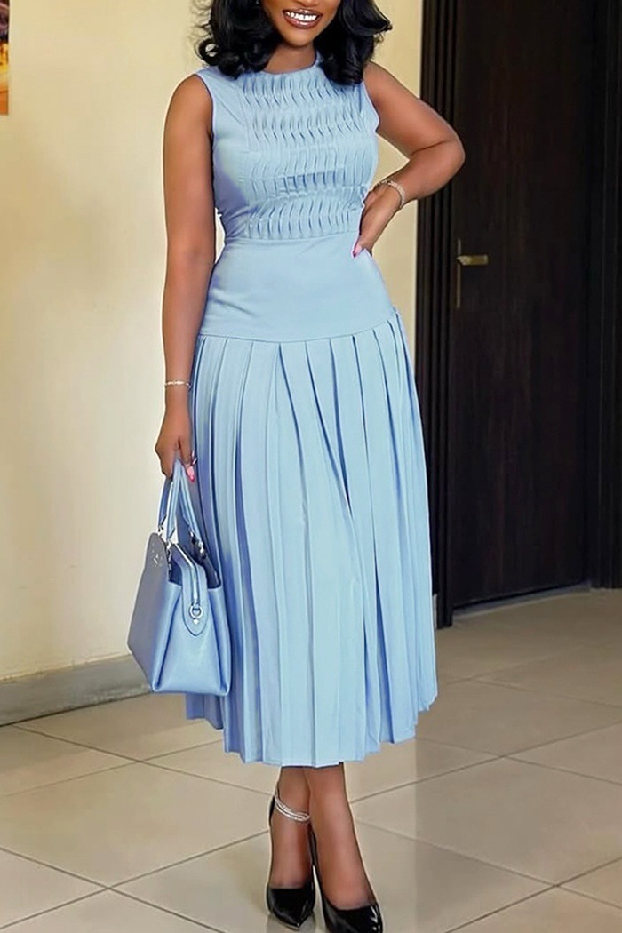 Women's Casual Sleeveless Pleated Dress Solid Color For Summer_voghion.com