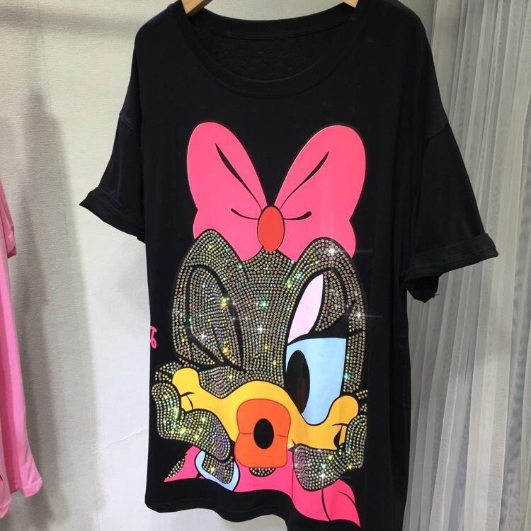 Super plus size 1.00 kg-150.00 kg chubby girl Summer Heavy Industry Hot Drilling T-shirt Cute Minnie Loose Short Sleeve Mid-length Women's T-shirt