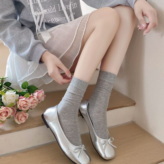 Grey Socks Women's Summer Thin Pure Cotton Mid-tube Socks Japanese Style Girl's Mesh Breathable Ballet Style Boneless Stacked Socks