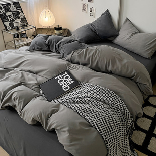 Washed Ins Scandinavian Four-Piece Set Pure Color Bed Bed Sheets Quilt Cover Three-Piece Set Student Dormitory Bed Hotel Supplies Bed Bed Sheets 4