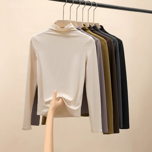 Half-height Collar Double-Faced Fleece Autumn/Winter Base Shirt for Women, Warm and Fitting, Long-Sleeved Top with Small Upright Collar for Autumn/Winter Women's Wear