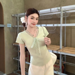 フレンチレースvネックニット半袖tシャツ女性夏新作デザイン感スリムスリム甘いギャル上着