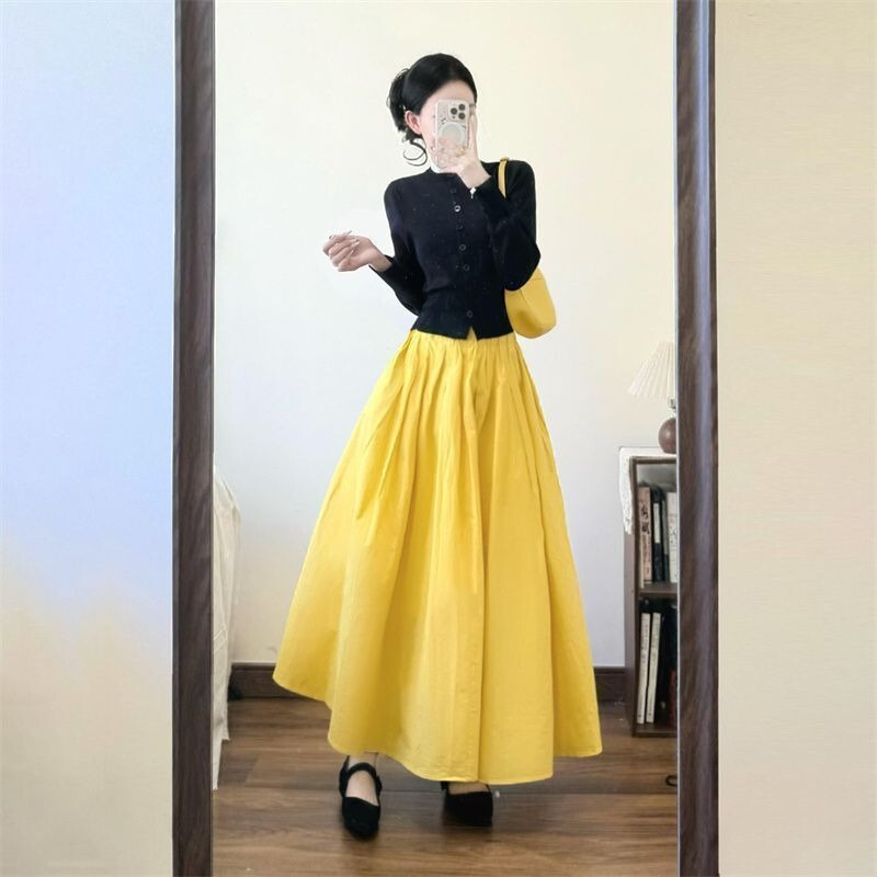 Korean Style Gentle Style Dopamine Sweet Temperament Bright Yellow Skirt Paired with Fake Two-Piece Knitted Cardigan