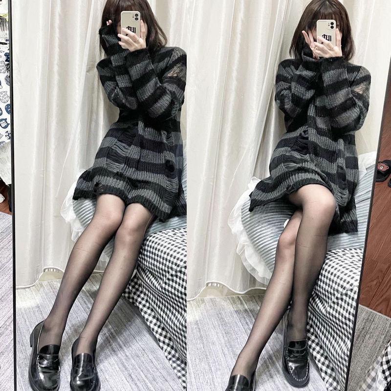 Diablo Subculture Loose Striped Gradient Sweater Ripped Men's and Women's Tear Stretch Neutral Punk Mid-length Knitted