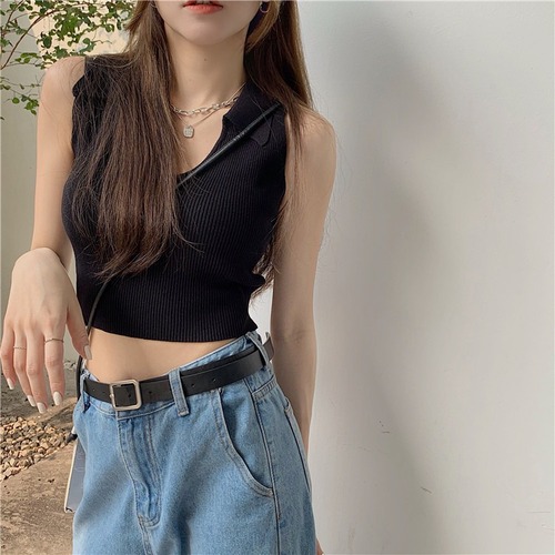 2024 Spring Short Knitted Vest Suspender Women's New Korean Style Hot Girl Inner and Outerwear Sports POLO Collar Top