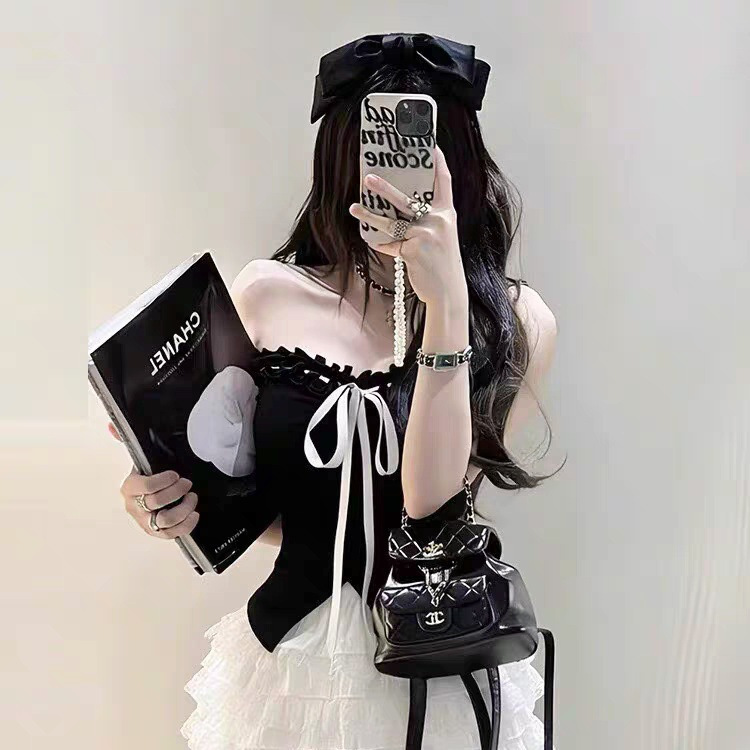 3016 # Summer New Style Pure Desire Style Pleated Ruffle Edge Patchwork Tube Top for Women with Built-In Chest Pads 3016 # Summer New Style Pure Desire Style Pleated Ruffle Edge Patchwork Tube Top for Women with Built-In Chest Pads