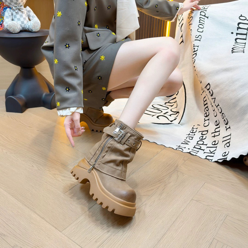 厚底马丁靴女2025新款春秋季复古棕色美拉德堆堆靴中筒裤管靴|undefined
