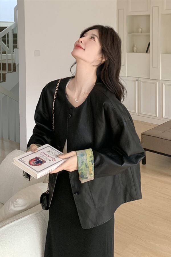 Chinese Style Reversible Black Leather Jacket for Women Spring & Fall 2025 New Retro Casual Versatile Small Pu Jacket