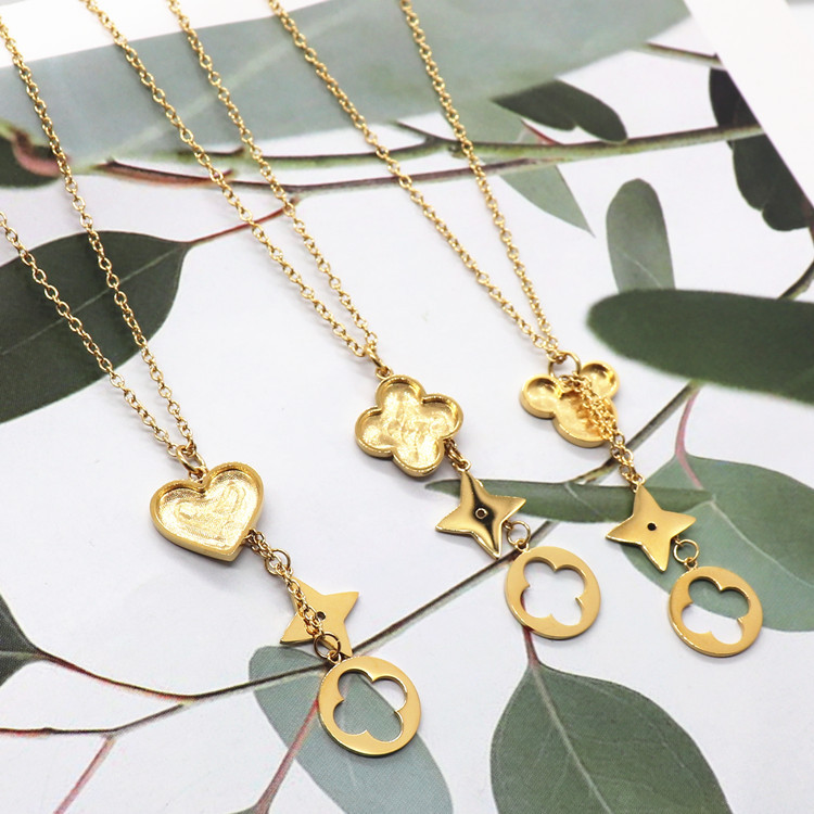 现货凹槽贴皮项链 中古项链爱心四叶草吊坠项链DIY饰品项链工厂