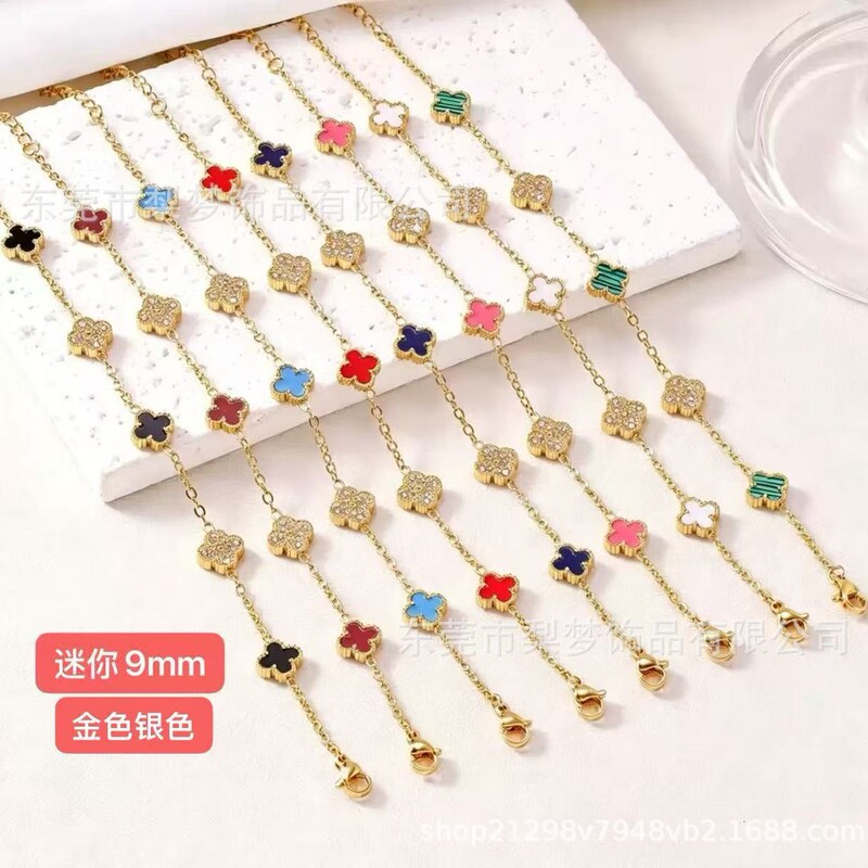 Direct from the Manufacturer, In-Stock 9mm Diamond-Studded Four-Leaf Clover Luxury Bracelet, Vacuum Electroplated with 18K Real Gold, Fashionable and Non-Fading