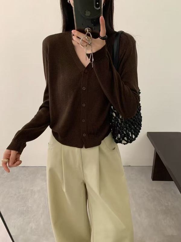 韩系V领毛针织开衫女早秋穿搭新款长袖显瘦休闲毛衣短款薄款上衣|undefined