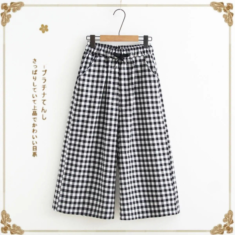 棉麻格子七分裤女装2025夏季新款气质时尚百搭大码宽松阔腿休闲裤