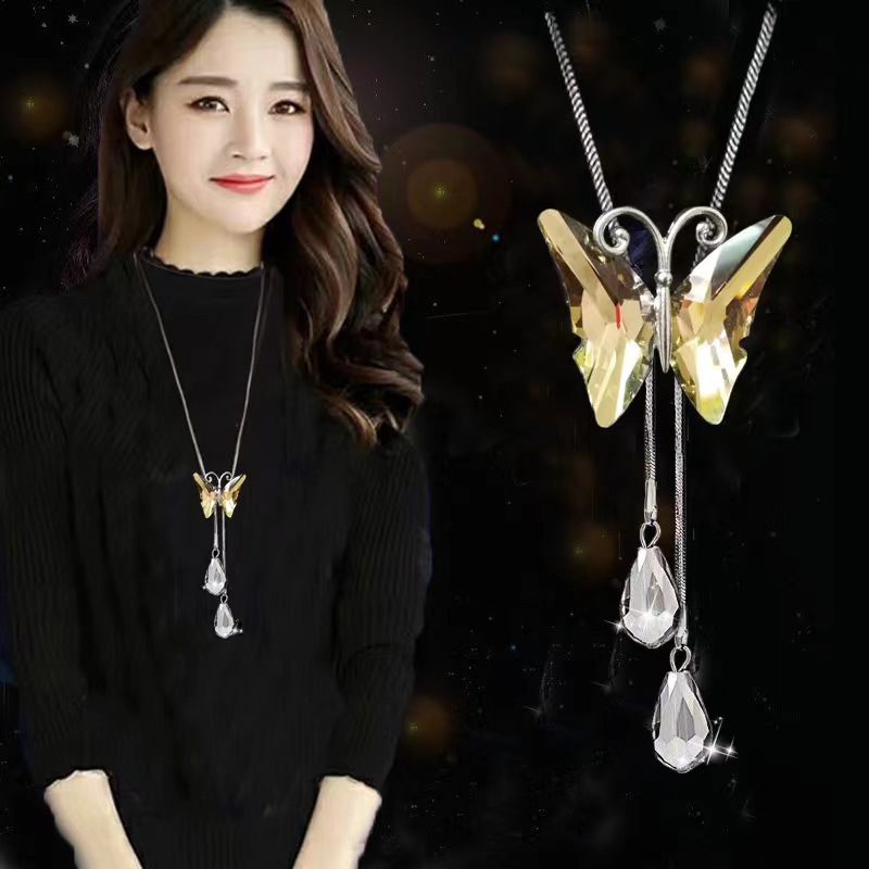 Nuevo arco largo suéter cadena femenina cristal borla colgante collar ropa colgante simple joyería al por mayor