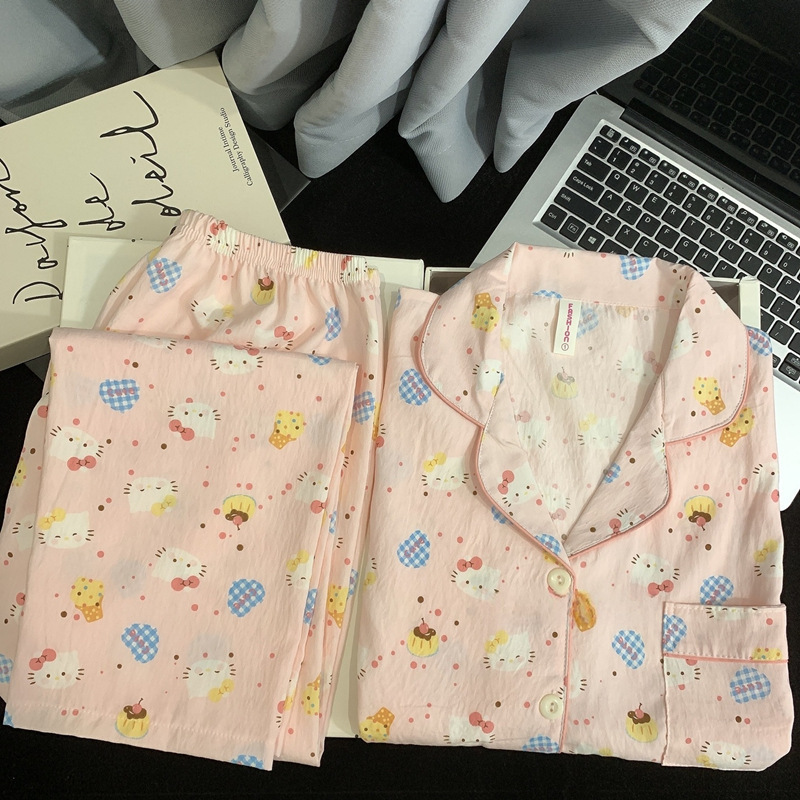 扎染条纹云朵纯棉纱睡衣女春秋季长袖简约可外穿开衫家居服夏套装|undefined
