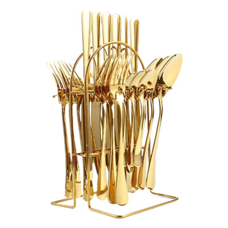 Amazon transfronteriza de 24 piezas de acero inoxidable occidental vajilla traje 1010 cuchillo, tenedor y cuchara de oro natural de almacenamiento en rack caja de regalo