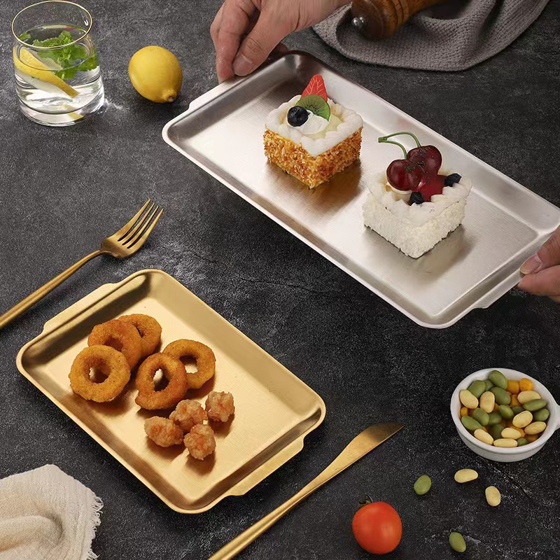 304 Stainless Steel Square Plate Korean Golden Rectangular Barbecue Plate Barbecue Plate Western Steak Tray Snack Plate